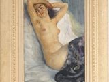 tableau représentant une femme nue allongée sur un lit, les mains derrière la tête