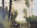 a painting of a man and a woman walking down a dirt road