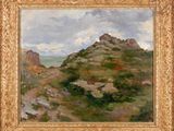 an oil painting of a rocky landscape with a mountain in the background