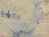 dessin représentant un parc avec un banc et un chien en laisse
