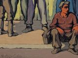 a painting of a man sitting in front of a group of people