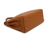tan leather handbag on a white background