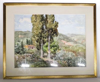 framed watercolor painting of a landscape with trees and a house