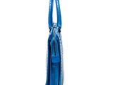 the small blue bag is sitting on top of a white surface