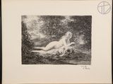 a black and white drawing of a woman laying on a bed