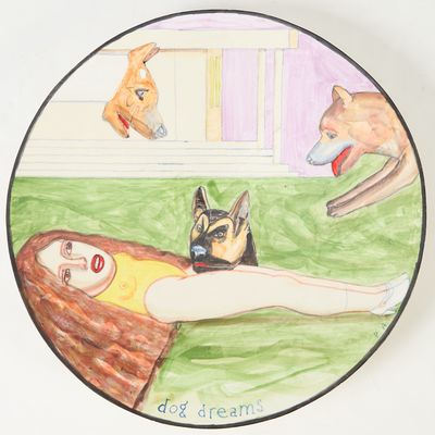 a drawing of a woman laying on the ground with a dog