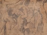 drawing of a group of people with a horse and a cow