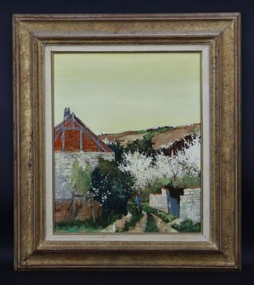 une peinture à l'huile représentant une scène de campagne avec une grange rouge en arrière-plan