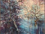 peinture abstraite représentant un arbre au milieu d'un lac