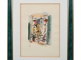 framed watercolor painting of a man and a woman standing in front of a window