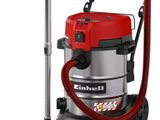 the vacuum is red and silver with a red hose