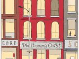 drawing of a red building with a sign that says my brown ' s outlet