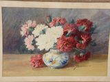 a painting of flowers in a vase on a table
