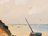 tableau représentant un bateau sur une plage de sable, avec des mouettes qui volent en arrière-plan