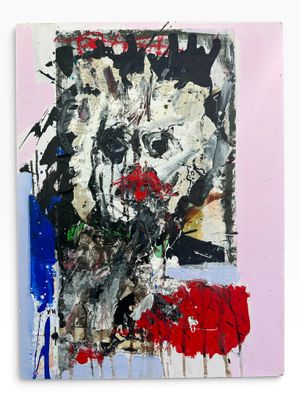 une peinture abstraite représentant un vase de fleurs sur fond rose