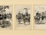 three framed pictures of men on horses with a flag in the background