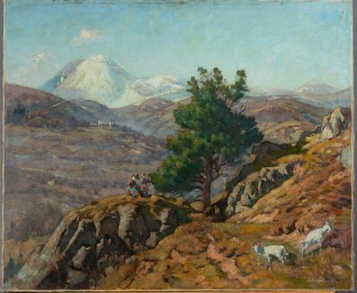 une image représentant un tableau représentant un paysage de montagne avec des moutons et un arbre