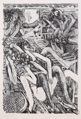 une image représentant un dessin d'un groupe de personnes sur un bateau