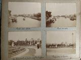 several old photos of boats on a river with a bridge in the background