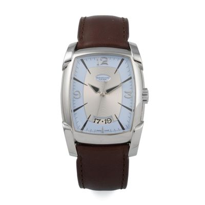 a close up of a watch on a white background with a brown strap