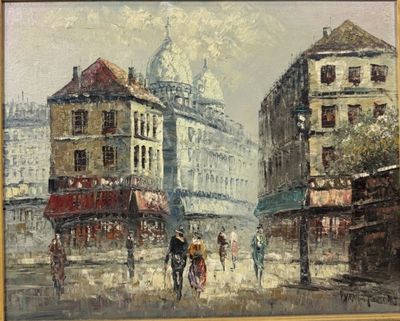 une peinture de personnes marchant dans la rue sous la pluie