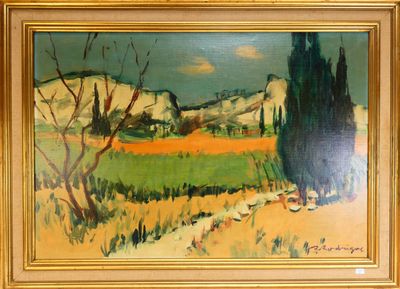 une peinture à l'huile représentant un paysage avec des arbres et des collines en arrière-plan