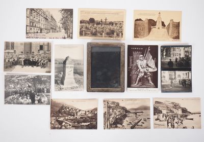 several old black and white photographs of people and buildings