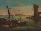 tableau représentant deux hommes sur un bateau au milieu d'un plan d'eau