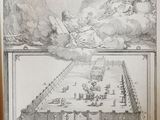 an old book with a drawing of a city and a picture of a castle