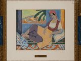 painting of a woman sitting on a couch with a vase in front of her
