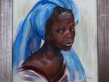 an oil painting of a woman with a blue turban on her head