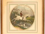 an image of a painting of a man on a horse jumping over a body of water