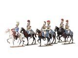 five figurines of men riding horses on a white background