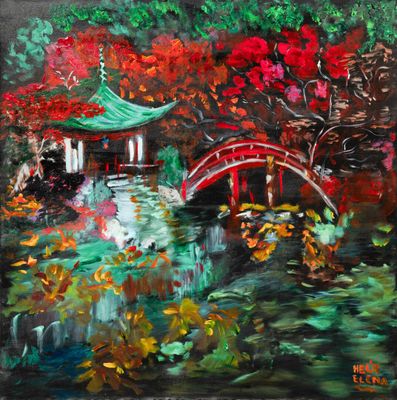 une peinture représentant une peinture d'un pont au-dessus d'un étang