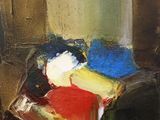 an oil painting of a bed with a red, yellow, and blue comforter