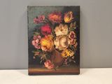 a painting of flowers in a vase on a table