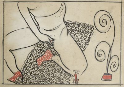 dessin représentant une femme assise sur un lit avec un chat et un chien
