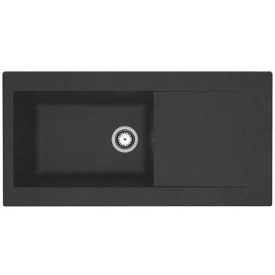 a black kitchen sink with a single bowl and a drain