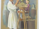 a painting of a man and a woman working on a sculpture