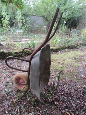 une tondeuse à gazon rouillée abandonnée au milieu des bois