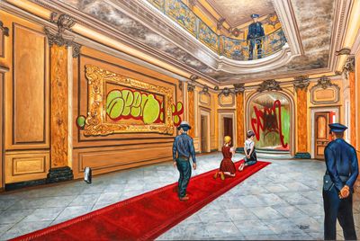 un tableau représentant un homme et une femme marchant sur un tapis rouge