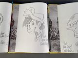 three pages of a book with drawings of people on them