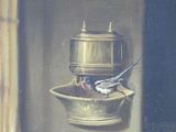a picture of a painting of a cat and a bird on a table