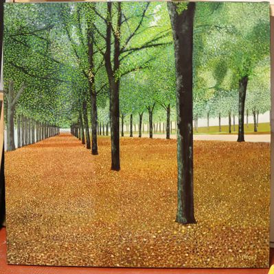 an oil painting of a park with trees and leaves on the ground