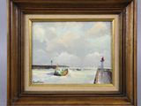 une peinture à l'huile représentant un bateau sur l'eau près d'un phare