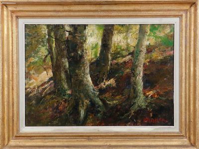 an oil painting of a forest scene with trees in the foreground