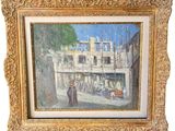 an image of a painting of a street scene with a building in the background