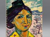 une peinture à l'huile représentant une femme coiffée d'un chapeau