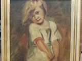 painting of a young girl holding a tennis racquet in a gold frame