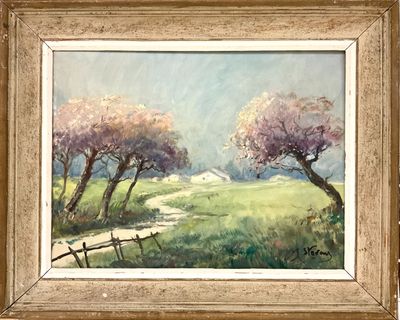 STEVENS (XXe), Les cerisiers en fleurs, Huile sur toile sign…